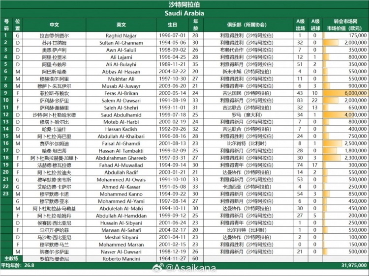 沙特队总身价3197.5万欧是国足3倍 31人名单中含3名旅欧球员